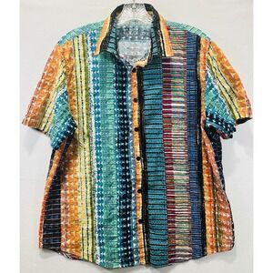Vatpave Mens Button Up Shirt Large Striped Rainbow Boho Beach Surf Summer Indie